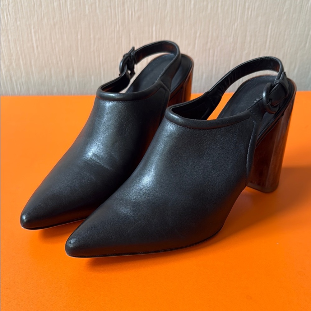 Black High Heel Vince Mules with Pointed Toe and block 4” heels.